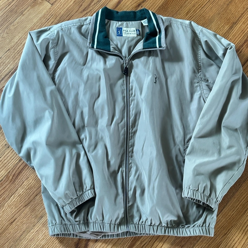Vintage 90's PGA Tour Golf Tan Windbreaker With Mesh Liner Jacket Size Large